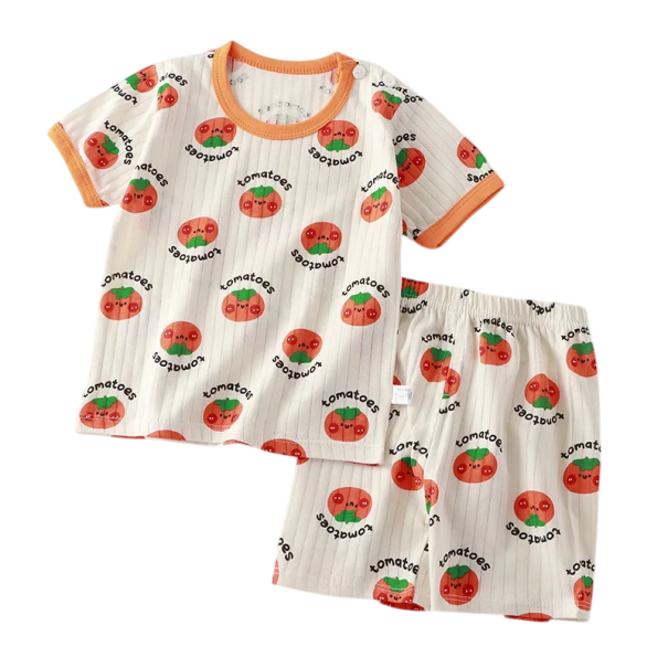 Dětský letní set unisex Tričko s krátkým rukávem a kratasy Výstřih do O Béžový komplet s potiskem rajčat 18-24 měsíců