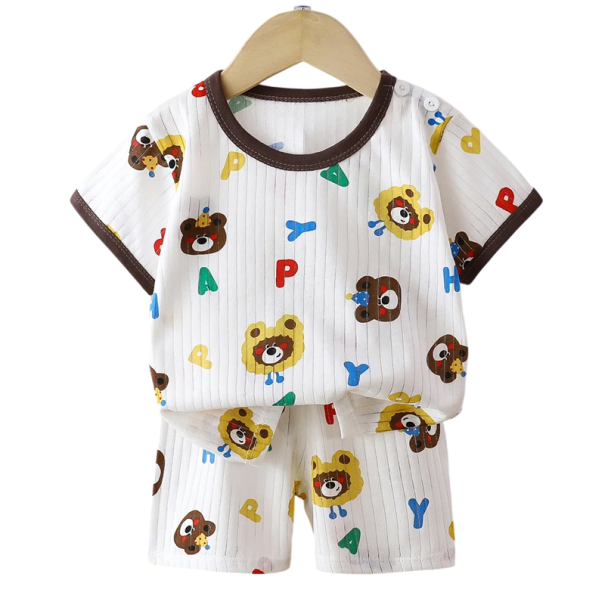 Detský letný set unisex tričko s krátkym rukávom a gombíkmi kraťasy na gumu výstrih do O biely potlač medvedíkov 4