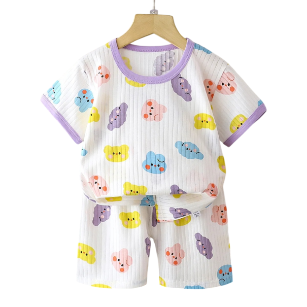 Detský letný set unisex Tričko s krátkym rukávom a gombíkmi Výstrih do O Biela farba Potlač zvieratiek Pohodlné kraťasy 3