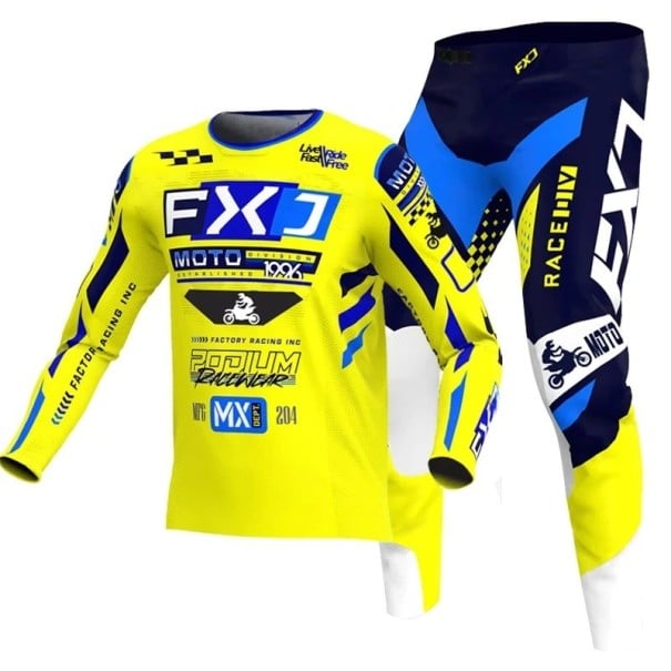 Dětský motokrosový set dres a kalhoty Dlouhý rukáv Polyester a nylon Žluto-modrý Unisex dětské oblečení na motokros a enduro 3