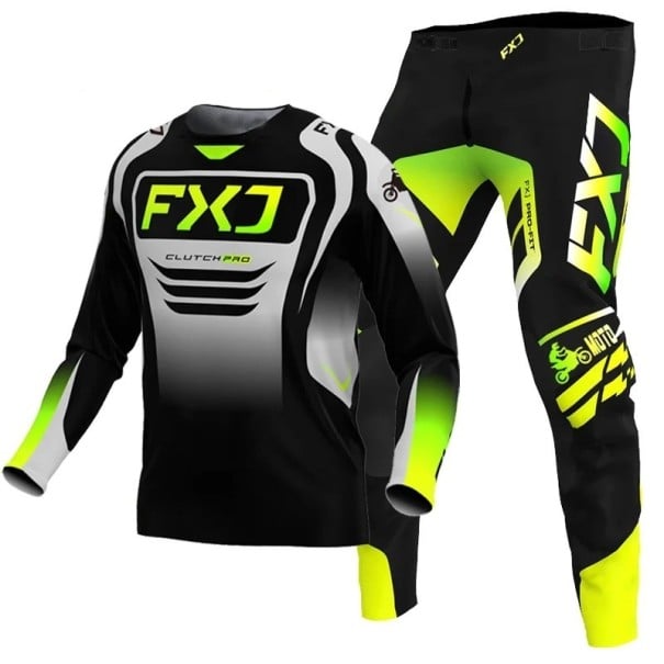 Dětský motokrosový set dres a kalhoty Polyester a nylon Černo-bílý s neonově zelenými prvky Unisex dětské oblečení na motokros a enduro 6