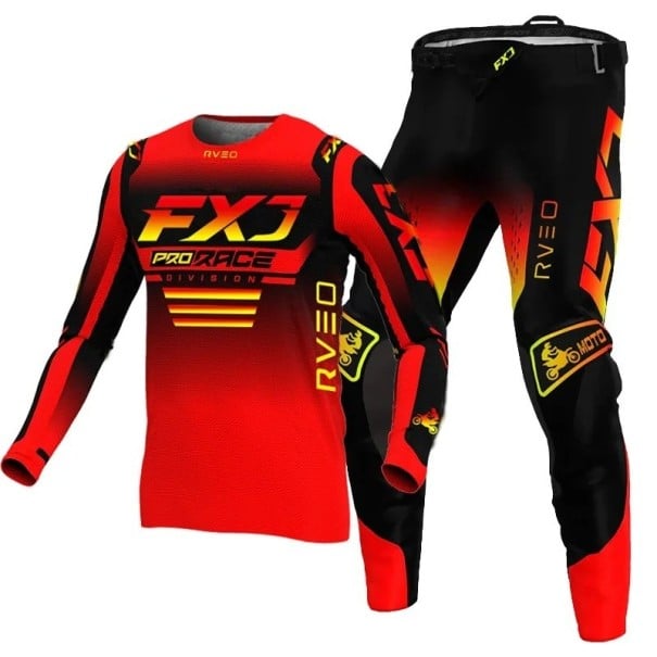 Dětský motokrosový set dres a kalhoty Polyester a nylon Červeno-černý s oranžovými prvky Unisex dětské oblečení na motokros a enduro 10