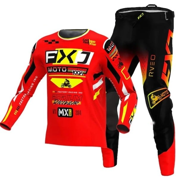 Dětský motokrosový set dres a kalhoty Polyester a nylon Červeno-černý se žlutými prvky Unisex dětské oblečení na motokros a enduro 12
