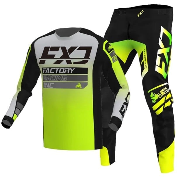 Dětský motokrosový set dres a kalhoty Polyester a nylon Neonově zelený se šedými prvky Unisex dětské oblečení na motokros a enduro 10