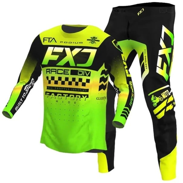 Dětský motokrosový set dres a kalhoty Polyester a nylon Neonově zelený se žlutým přechodem Unisex dětské oblečení na motokros a enduro 8