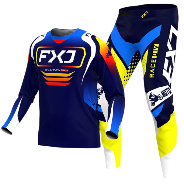 Dětský motokrosový set dres a kalhoty Polyester a nylon Tmavě modrý se žlutým potiskem Unisex dětské oblečení na motokros a enduro 6