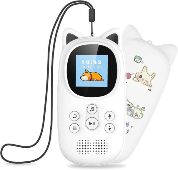 Dětský MP3 přehrávač s ušima 32 GB Bluetooth 5.0 displej 1,44 palce reproduktor a FM rádio i krokoměr a záznamník se šňůrkou na krk černo-bílá
