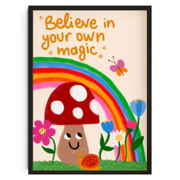Dětský nástěnný plakát s houbou a šnekem a duhou 30 x 42 cm tisk na plátno barevný obrázek s textem believe in your own magic 1