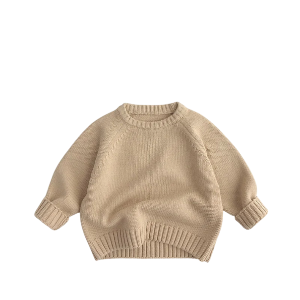 Dětský pletený svetr z čisté bavlny Vintage styl Jednobarevný svetr pro chlapce a dívky s výstřihem do O Měkký top pro batolata Podzim Zima béžova 2