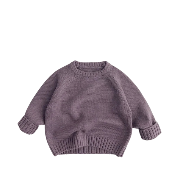 Dětský pletený svetr z čisté bavlny Vintage styl Jednobarevný svetr pro chlapce a dívky s výstřihem do O Měkký top pro batolata Podzim Zima fialová 9-12 měsíců