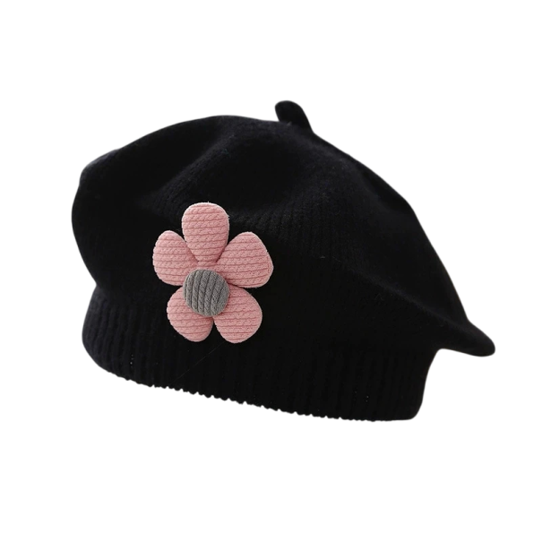 Dětský pletený zimní baret 1–3 roky Polyesterový teplý baret s 3D kytičkou Měkká dětská zimní čepice elegantní doplněk černá
