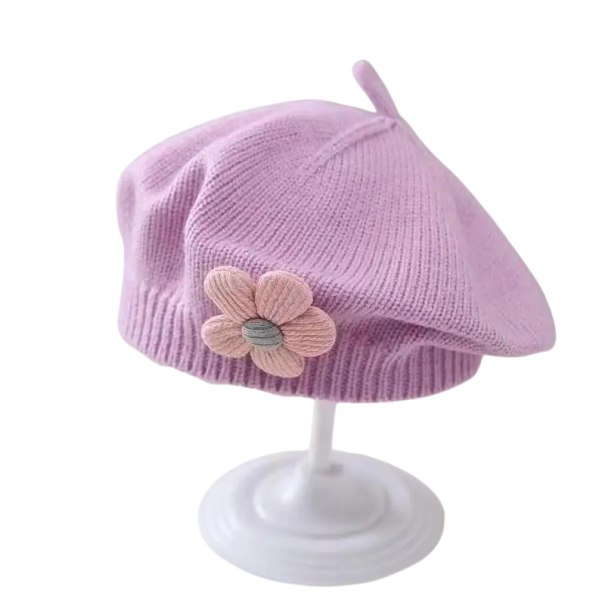 Dětský pletený zimní baret 1–3 roky Polyesterový teplý baret s 3D kytičkou Měkká dětská zimní čepice elegantní doplněk fialová