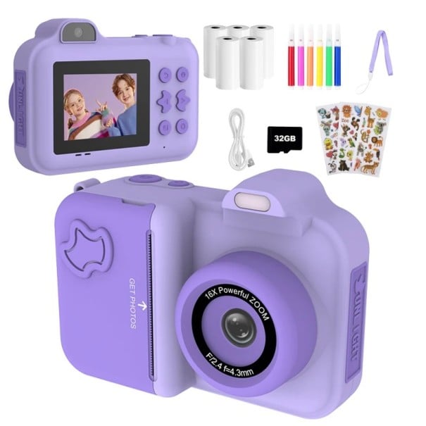 Dětský polaroid s černobílým tiskem fotek 16násobným zoomem vestavěným bleskem a videem s nabíjením Type-C a paměťovou kartou 32 GB fialová