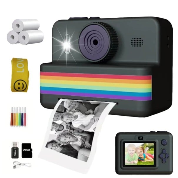 Dětský polaroid s černobílým tiskem fotek a 2,8palcovým displejem s kartou 32 GB a lithium-polymerovou baterií na nabíjení přes USB černá