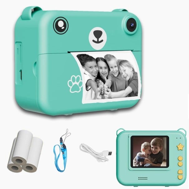 Dětský polaroid s motivem medvídka a okamžitým tiskem s 2,4palcovým LCD displejem otočným objektivem 180° a 5 filtry 9 x 7,4 x 4 cm zelená