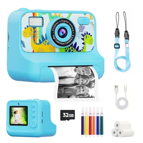 Dětský polaroid s okamžitým černobílým tiskem 2,4palcovou obrazovkou 1080P videem bleskem a filtry s kartou 32 GB a nabíjením USB-C modrá
