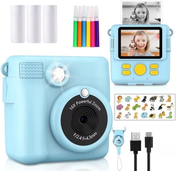 Dětský polaroid s okamžitým tiskem fotek s 16násobným zoomem 1080P videem a 2,4" HD obrazovkou s baterií 1000 mAh a 3 rolemi papíru modrá
