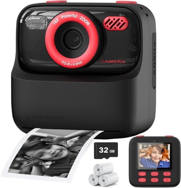 Dětský polaroid s termálním tiskem bez inkoustu ve 2 režimech s 2,4" IPS displejem a 1080p videem černý s barevnými detaily a kartou 32 GB růžová