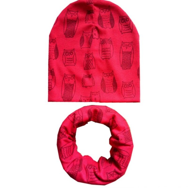Dětský set čepice a nákrčník se sovami červená