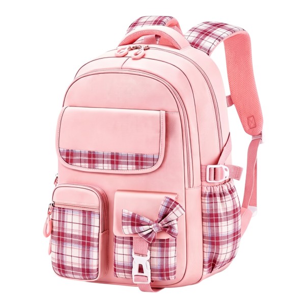 Detský školský batoh 41 x 28 x 18 cm s kockovaným vzorom a mašľou s dvoma komorami na zips a bočnými vreckami na fľašu s nápojom ružová