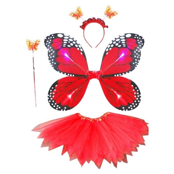 Detský svietiaci kostým motýlia krídla so sukňou červená