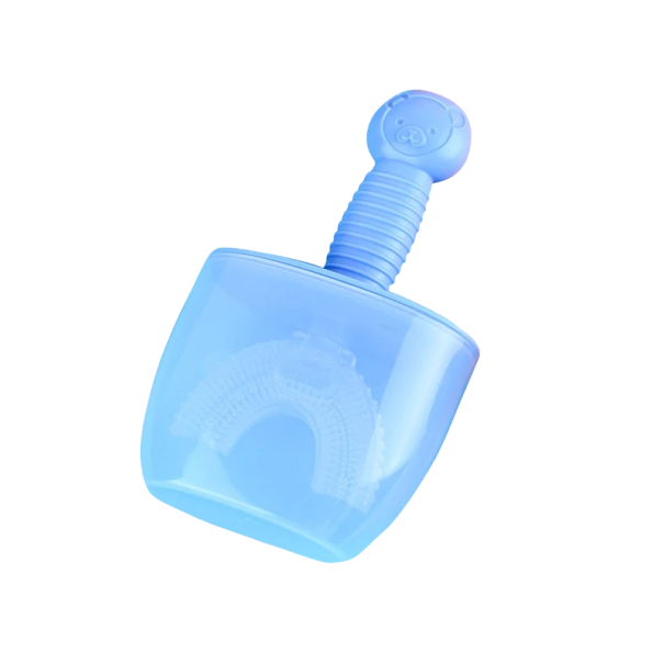 Dětský zubní kartáček ve tvaru U 360° s krytem Měkký zubní kartáček pro děti s motivem medvídka Manuální silikonový zubní kartáček pro děti 6-12 let 12 x 6 cm modrá