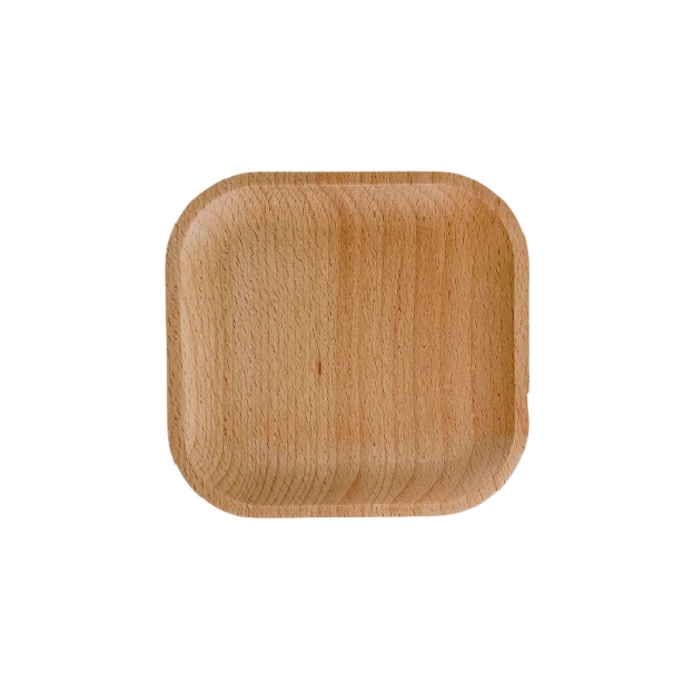 Dezerttálca lekerekített sarkakkal 12,8 x 12,8 cm tömör fából világosbarna négyzet alakú tálca desszertek és falatok tálalásához 1