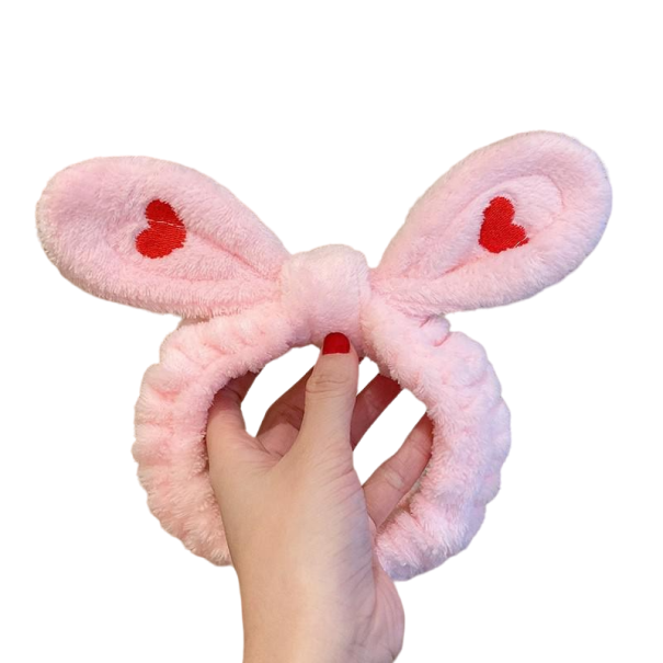 Diadema cosmética de felpa con orejas rosa