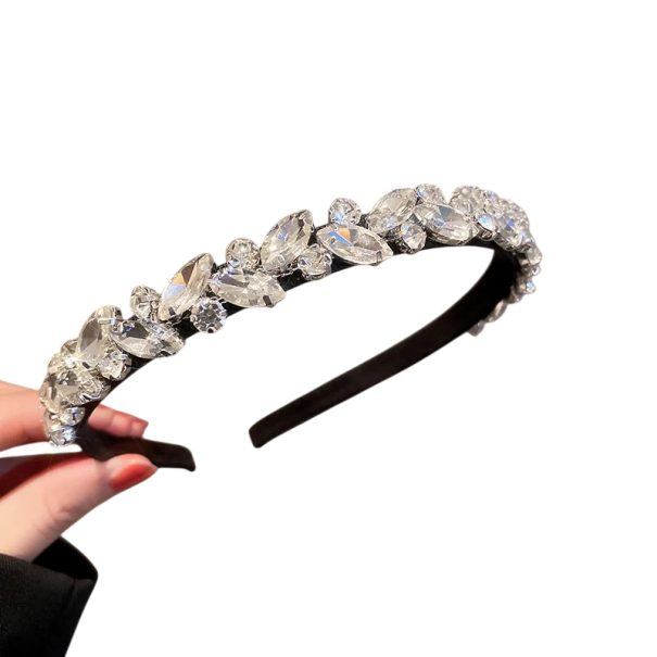 Diadema negra con piedras en forma de hojas 13,5 × 15,5 cm Accesorio capilar elegante y brillante para baile fiesta fotografía peinado festivo 1