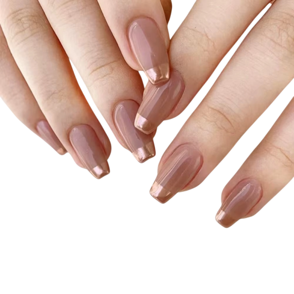 Dicas francesas metálicas 24 pcs Unhas artificiais de acrílico Forma coffin Comprimento médio Unhas adesivas com efeito brilhante 1