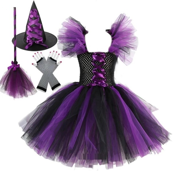 Dievčenské kostým čarodejnice s klobúkom a doplnky Halloweensky kostým Čarodejnícky kostým pre dievčatá Kostým na karneval fialová 4
