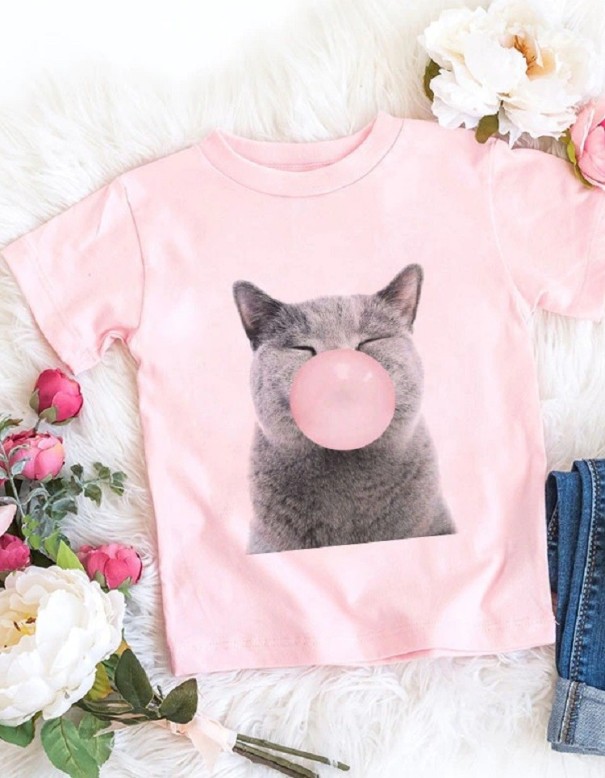 Dievčenské tričko s mačkou ružová 8 B