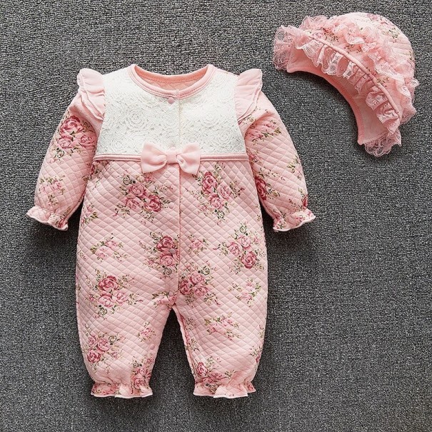 Dievčenský dojčenský overal s čiapkou T2607 ružová 0-3 mesiace