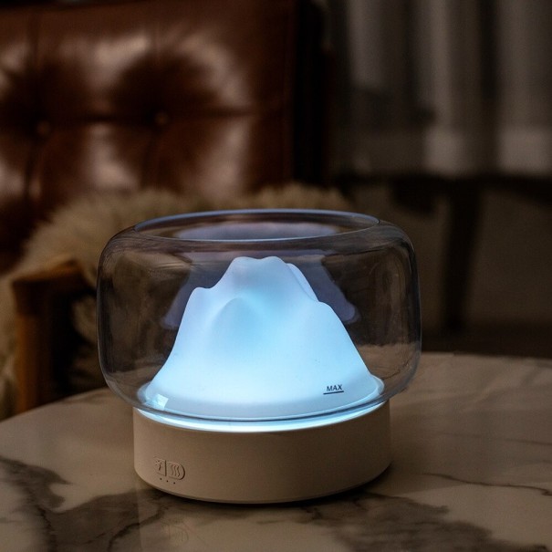 Difusor de aroma com montanha iluminada sob a tampa transparente Reservatório 400 ml Temporizador 60 minutos Funcionamento até 26 horas branco