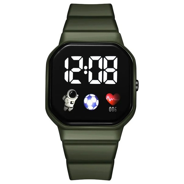 Digitaal kinderhorloge met LED-display, kleurrijk waterdicht siliconenhorloge met grote leesbare tijd, elektronisch horloge voor kinderen legergroen
