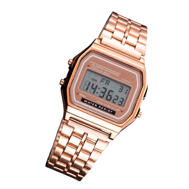 Digitaal sporthorloge voor heren met LED-display, roestvrijstalen metalen armband, waterdichte polsband 22 cm roze