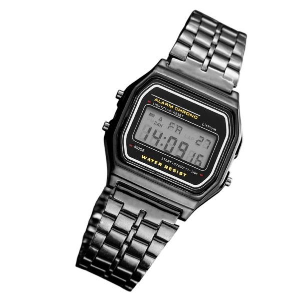 Digitaal sporthorloge voor heren met LED-display, roestvrijstalen metalen armband, waterdichte polsband 22 cm zwart