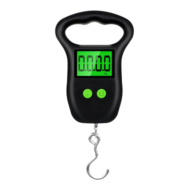 Digitaalinen kannettava matkatavaravaaka 50 kg pienellä koukulla LCD-näytöllä kädessä pidettävä riippuva vaaka mittanauhalla matkavaaka kalastus 1