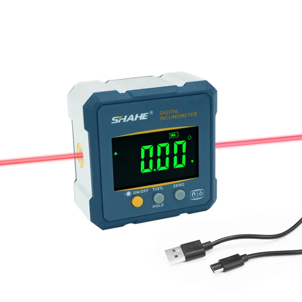 Digital magnetisk vinkelmåler med vaterpas og sidelaser. Nøjagtighed 0,2°. USB-C-opladning. 3,7V batteri. Hældnings- og planmåling. 1