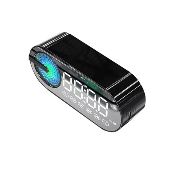 Digital vækkeur med Bluetooth-højttaler 5.0 RGB LED-belysning spejldisplay FM-radio USB TF TWS 3D-lyd 800mAh soveværelse kontor sort