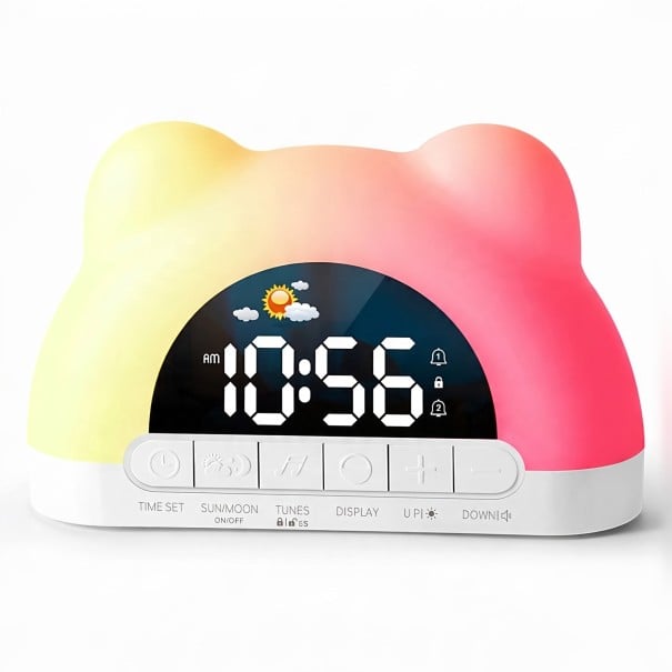 Digital vækkeur med ører og RGB stemningslys 11 farver Lys vækning 2 alarmer Tasterlås 16 x 10,2 x 5 cm USB-C Hvid Til soveværelset 1
