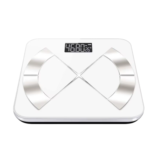 Digitale Bluetooth-weegschaal met vetmeting USB-oplaadbaar Badkamerweegschaal met mobiele app Nauwkeurige weging in kg en temperatuurweergave in °C wit