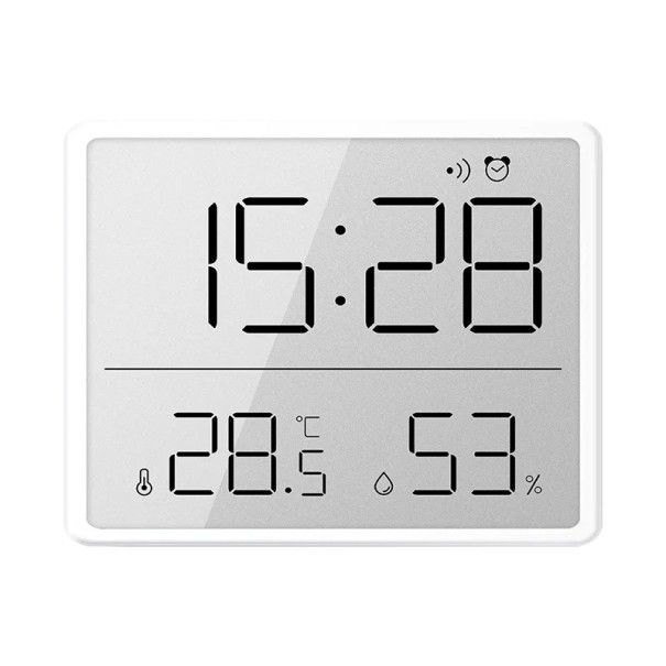 Digitale Mini-Uhr mit Thermometer und Hygrometer 9,3 x 7,3 x 1,5 cm Alarm Magnetrückseite 12/24h Format Datum Uhrzeit Temperatur Luftfeuchtigkeit weiß