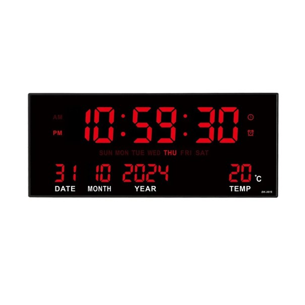Digitale wandklokken met wekker, thermometer en kalender 150 x 360 x 30 mm rood