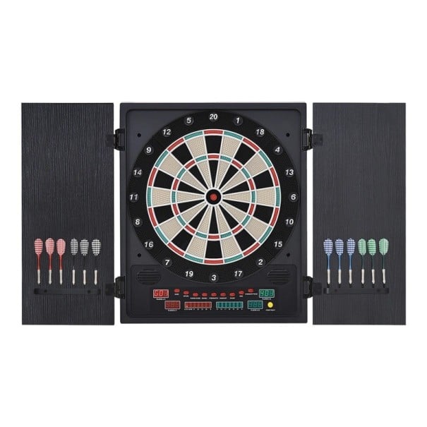 Digitaler elektronischer Dartboard mit Schrank 27 Spiele für 8 Spieler 51 x 6,5 x 57 cm LED-Display PP und MDF Schwarz Für Wohnung und Heimspielräume