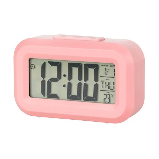 Digitaler Farb-LED-Wecker 9x5,5 cm Grünes oder blaues Display Kalender Thermometer Schlummerfunktion Leiser Betrieb Batteriebetriebener Wecker rosa