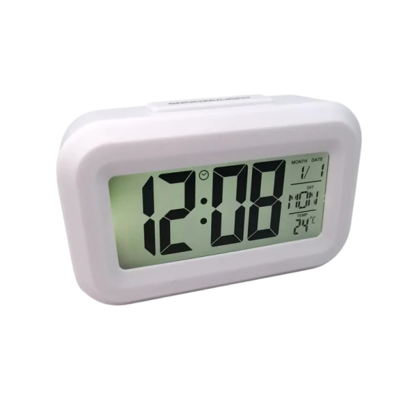 Digitální budík 8,8 x 5,3 x 2,8 cm Čas Datum Teplota Odpočet Snížený jas Zvukové buzení Nastavitelný alarm Displej s podsvícením na baterie bílá