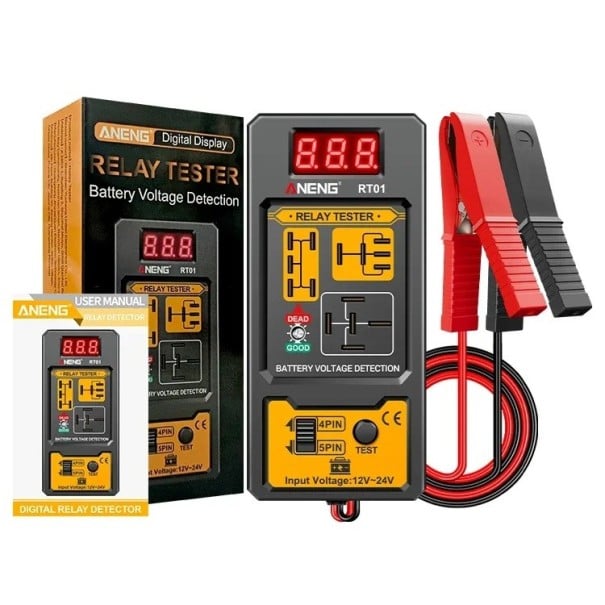 Digitální detektor relé s displejem pro 4PIN i 5PIN relé s měřením napětí autobaterie 11 V až 25 V a krokosvorkami 42 cm žluto-černý do auta 1