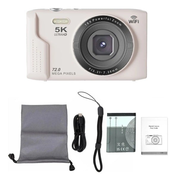 Digitální fotoaparát 5K 72 Mpx s 16x digitálním zoomem 2,8" LCD displej Wi-Fi přenos LED přisvětlení a webkamera na vlogy i cesty růžová