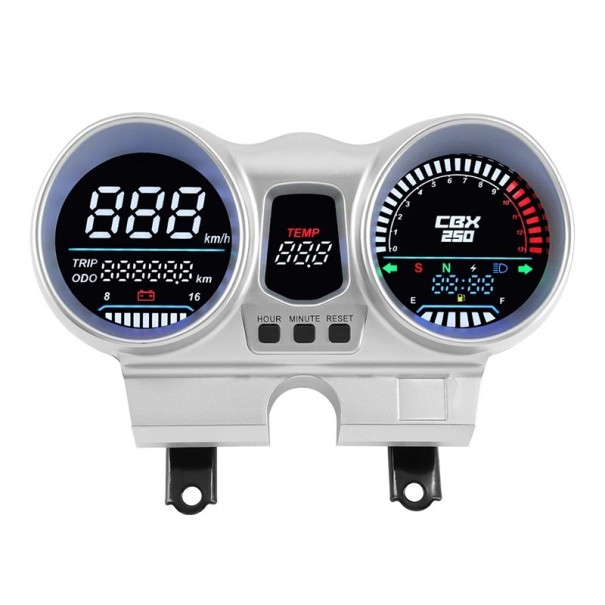 Digitální tachometr na motorku s otáčkoměrem a počítadlem km LCD LED podsvícení odolný proti dešti stříbrný 240 x 142 mm pro Honda 12V 1